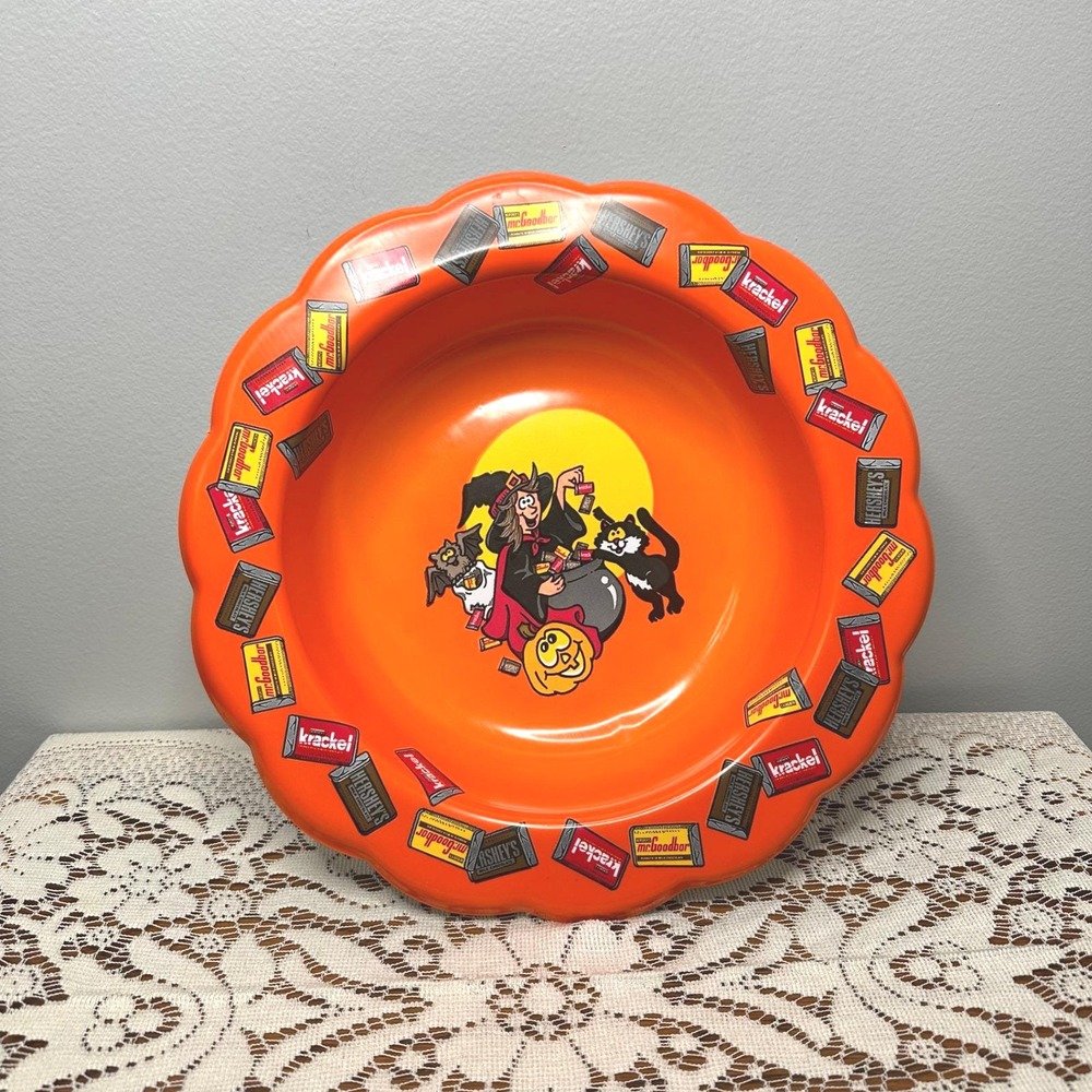 Vintage 1995 Berman Industries Hershey Halloween Candy Bowl Witch Cat Orange 11"